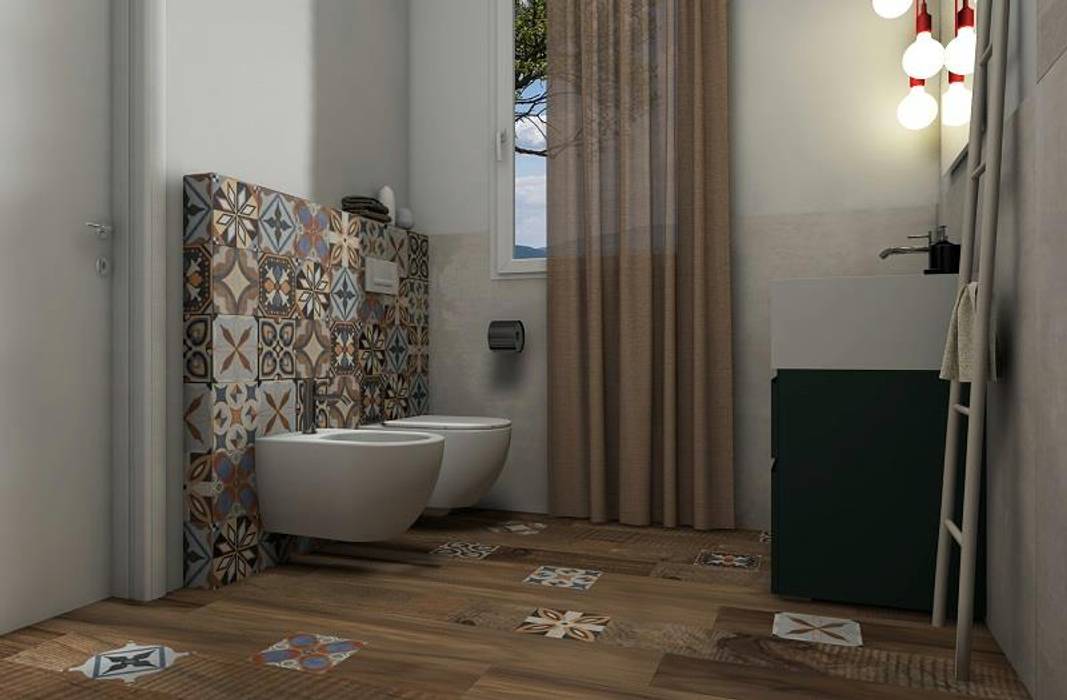 Vista della zona sanitari Fratelli Pellizzari spa Bagno moderno gres effetto legno,cementine