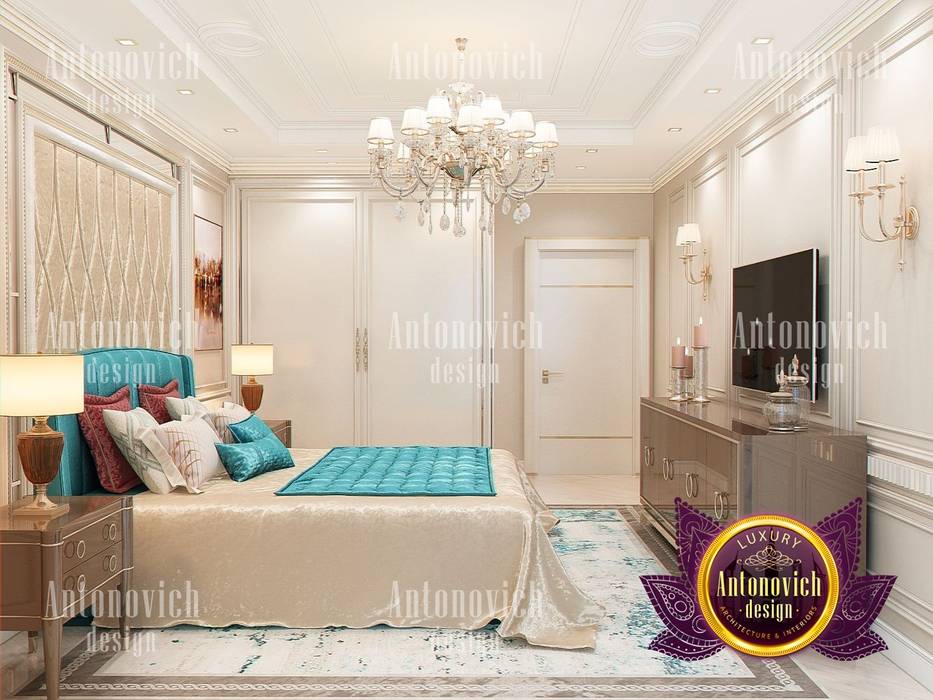 Contemporary Bedroom Interior with Turquoise Accent, Luxury Antonovich Design Luxury Antonovich Design