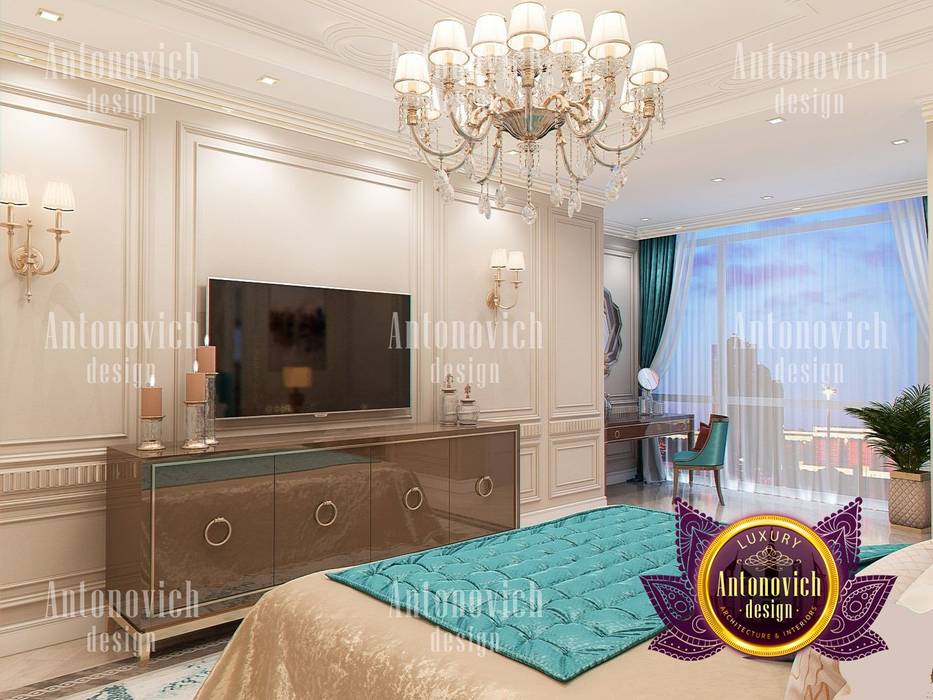 Contemporary Bedroom Interior with Turquoise Accent, Luxury Antonovich Design Luxury Antonovich Design