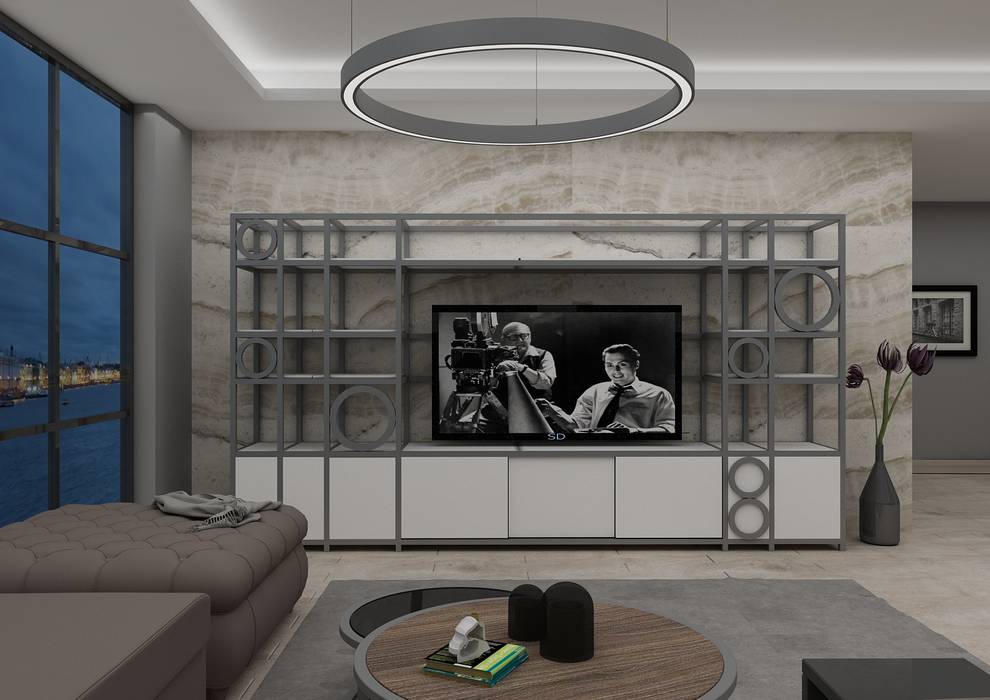 RG Dairesi, PRATIKIZ MIMARLIK/ ARCHITECTURE PRATIKIZ MIMARLIK/ ARCHITECTURE Industrial style living room Metal TV stands & cabinets