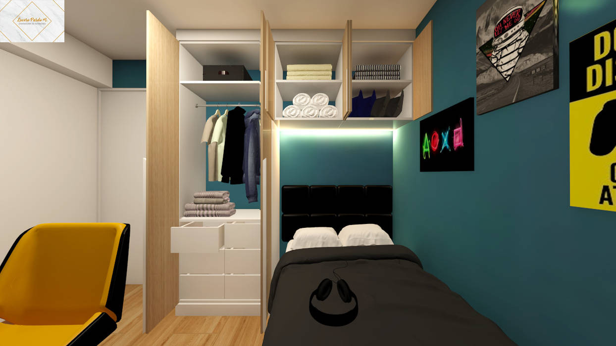 Dormitorio para Renzo, Lucero Pardo M. - Diseñadora de Interiores Lucero Pardo M. - Diseñadora de Interiores Dormitorios de estilo moderno Madera Acabado en madera