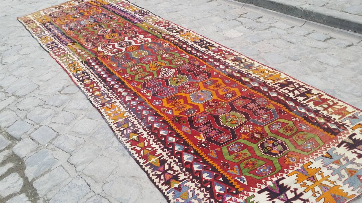 Vintage Konya Kilim Rug Heritage Nomadic Art Gallery Interior garden Wool Orange Interior landscaping