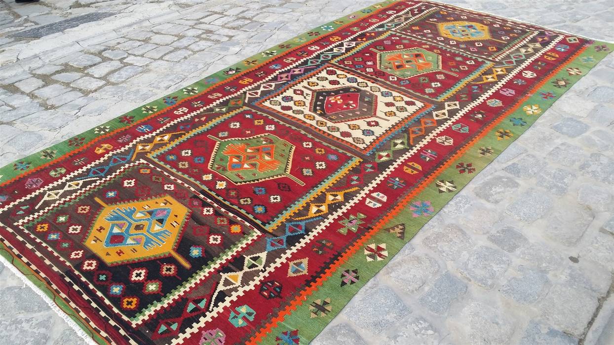 Vintage Corum Kilim Rug Heritage Nomadic Art Gallery Jardín interior Lana Naranja Paisajismo de interiores