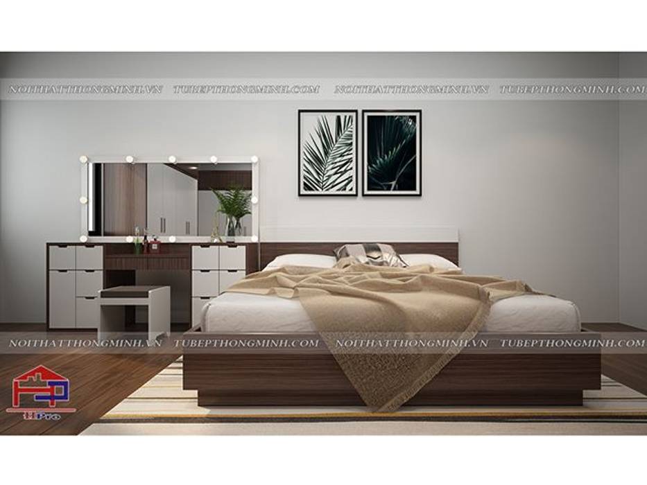 Ảnh 3D thiết kế nội thất phòng ngủ master nhà chị Giang ở Quảng Ninh Nội thất Hpro Phòng ngủ: thiết kế nội thất · bố trí · ảnh giường ngủ melamine,bàn phấn melamine,nội thất phòng ngủ,nội thất gỗ melamine,