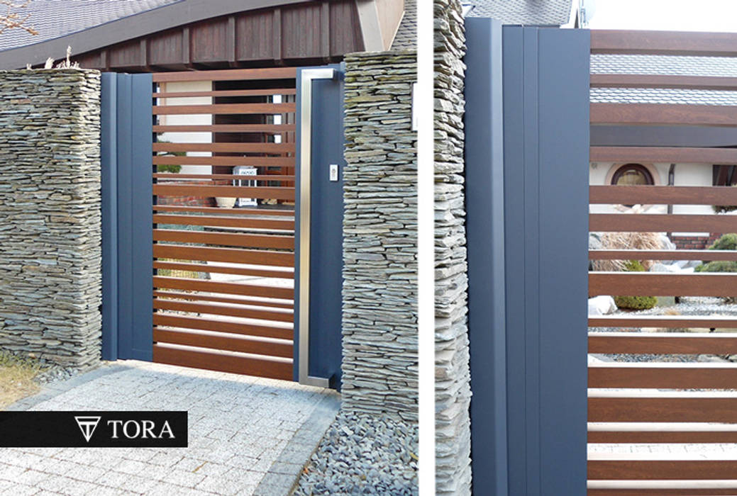 Nowoczesna brama z aluminium (imitacja drzewa) - Volantis, TORA bramy i ogrodzenia TORA bramy i ogrodzenia