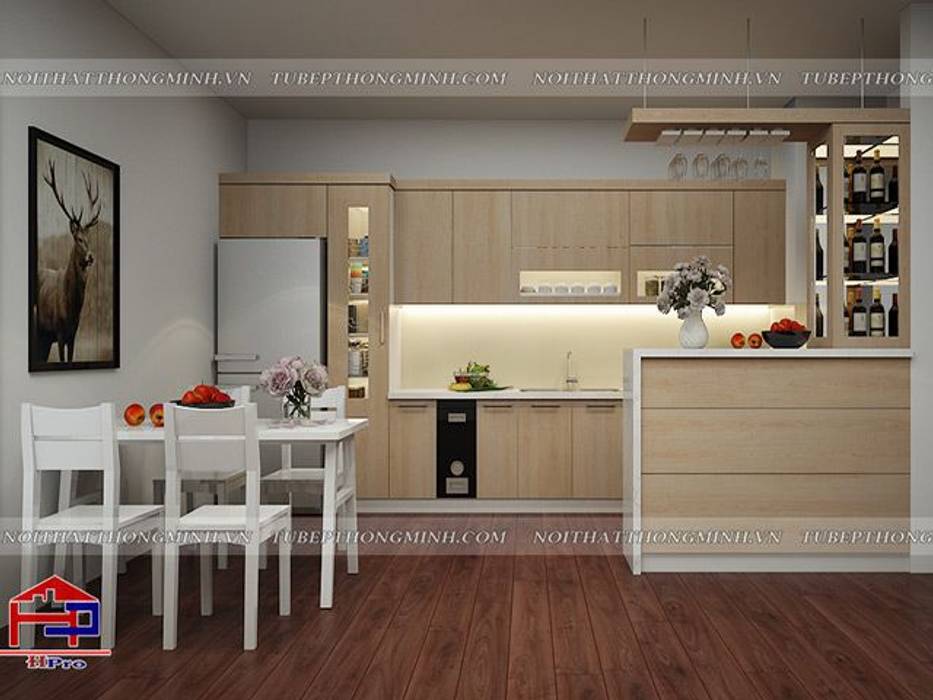 Ảnh thiết kế 3D tủ bếp laminate nhà anh Lộc ở Cầu Giấy Nội thất Hpro Nhà bếp phong cách hiện đại tủ bếp laminate,tủ bếp gỗ laminate,tủ bếp phủ laminate,tủ bếp dán laminate,