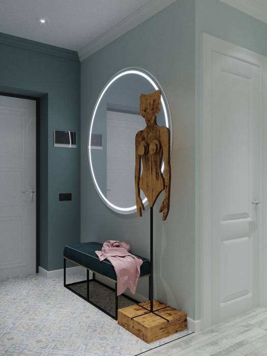 Прихожая с яркими акцентами DesignNika Коридор, прихожая и лестница в скандинавском стиле прихожая,круглое зеркало,вешалка ARTPOLE,вешалка лиса