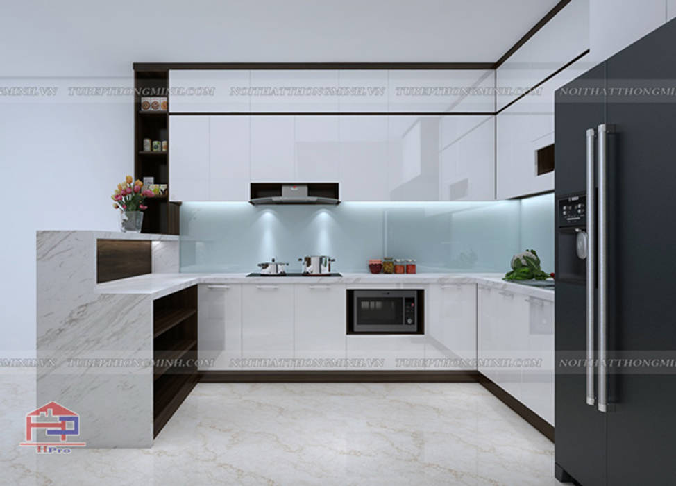 Ảnh 3D thiết kế tủ bếp acrylic chữ L nhà chị Hương ở Sơn La Nội thất Hpro Nhà bếp phong cách hiện đại tủ bếp acrylic,gỗ acrylic,tủ bếp bằng acrylic,cánh tủ bếp acrylic,