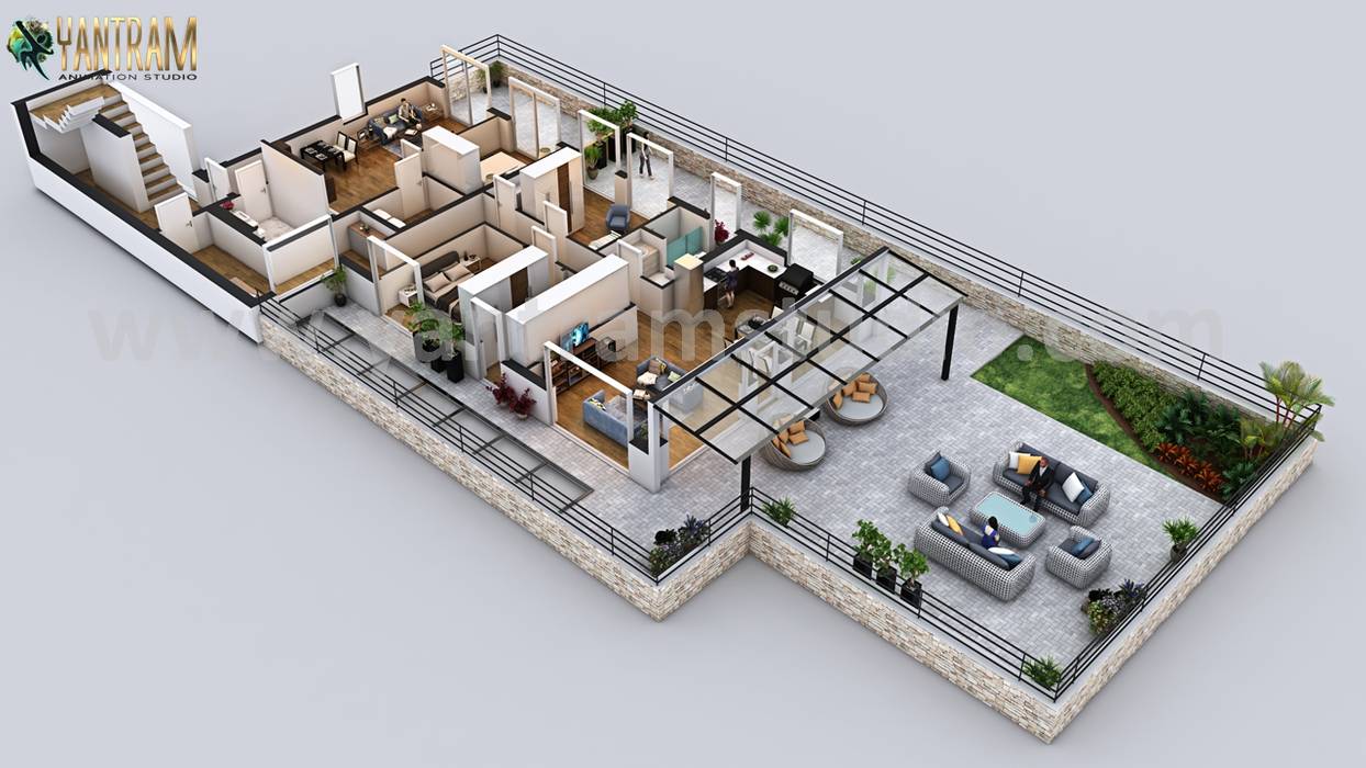 Modern Penthouse 3D Home Floor Plan Design by Yantram Architectural Design Studio, Dublin – Ireland Yantram Animation Studio Corporation Lantai Batu Bata floor,plan,design,ideas,penthouse,office,kitchen,garden,bedroom,dining area,playing area,guest room