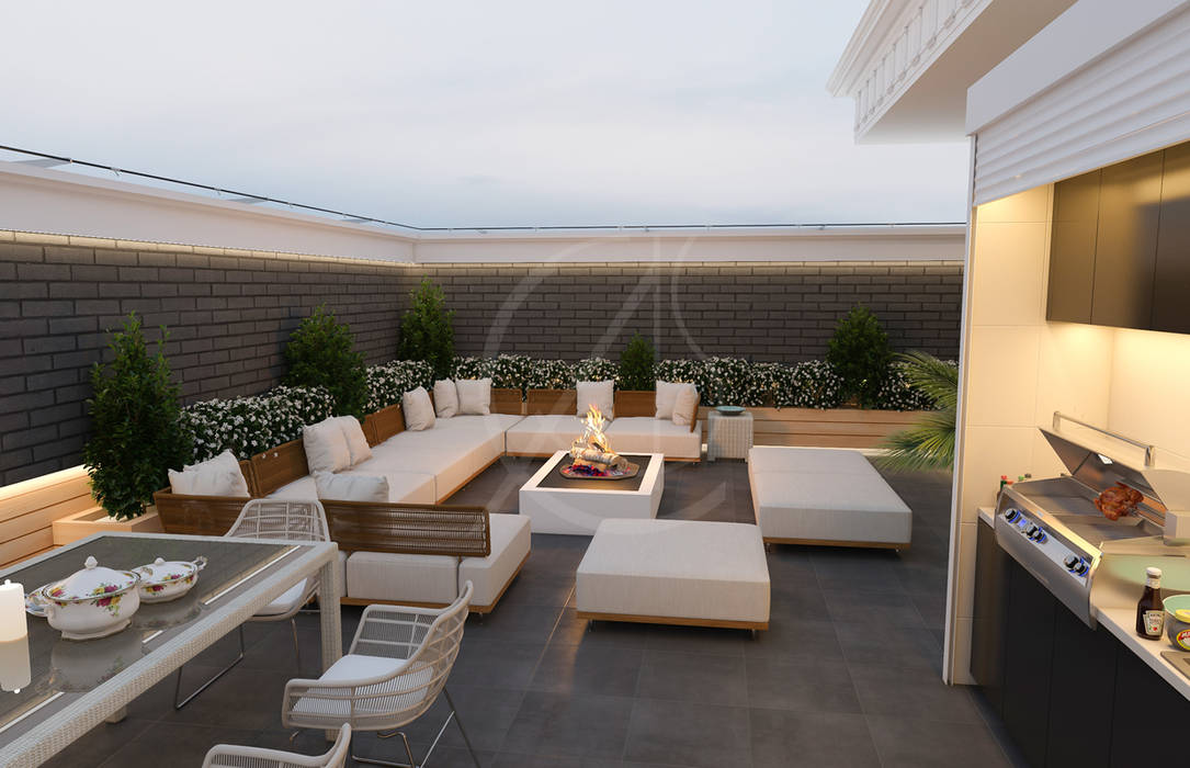 homify Balcón neoclassical design,modern terrace,gray,brick wall,outdoor seating,outdoor fireplace,lounge sofa,luxury home