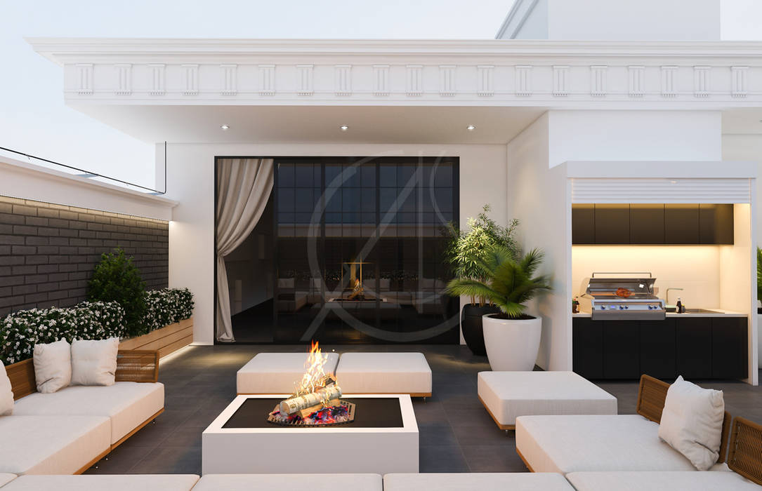 homify Balcony neoclassical design,white exterior,luxury home,terrace,outdoor seating,lounge sofas,outdoor fireplace