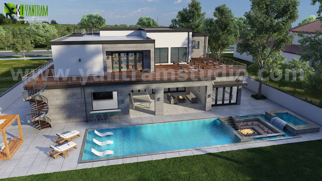 3D Exterior Walkthrough Home Design with Pool Side Evening view by Architectural Visualisation Studio, Cape Town - South Africa Yantram Animation Studio Corporation Nhà có sân thượng Gạch walkthrough,exterior,animation,services,3d,visualization,pool view,garden,beach chair,sitting area,fire place