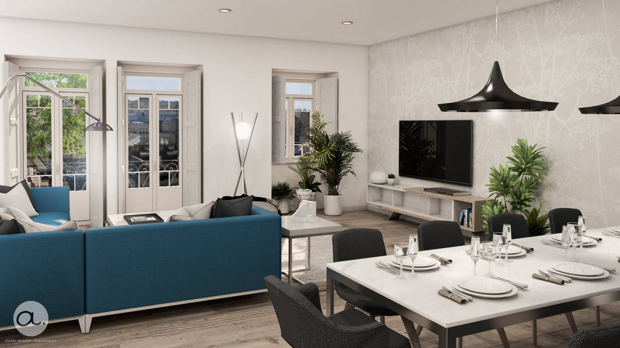 sala de Estar e Sala de jantar Salas de estar modernas por aponto Moderno Madeira Acabamento em madeira