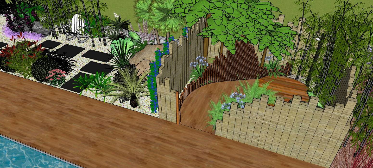 Visite 3D de proposition d'aménagement paysagé sur Sud des Landes., Conseils en aménagement paysagés Intérieurs/Extérieurs Conseils en aménagement paysagés Intérieurs/Extérieurs Rock Garden Wood Wood effect