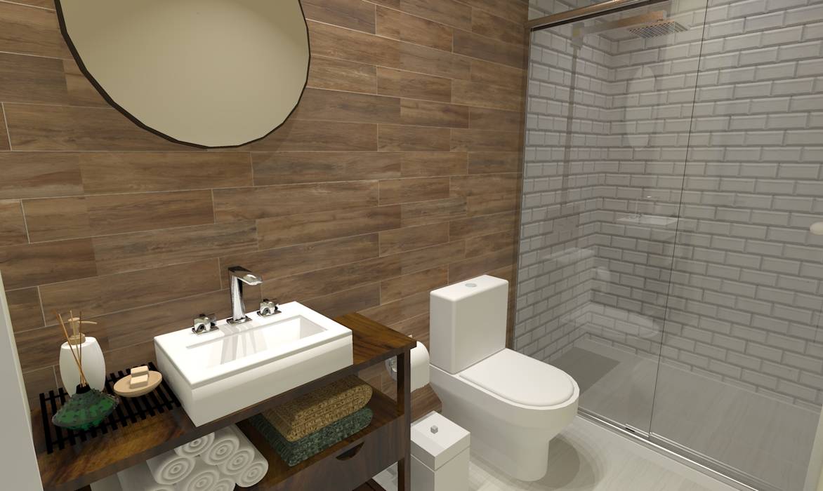 Banheiro criado para atender a Varanda Gourmet. Arq. Ingrid Santos - Arquitetura de Interiores Banheiros industriais banheiro,banheiro rustico,metro white