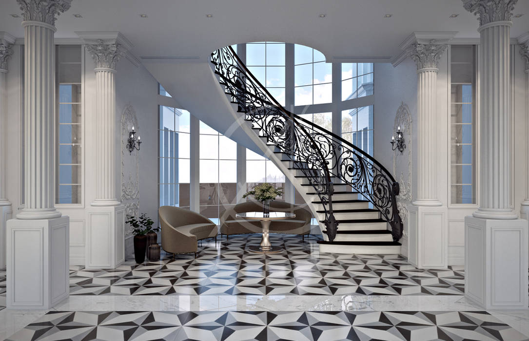 homify درج neoclassical,palace,mansion,white,classic interior,curved staircase,marble,luxurious