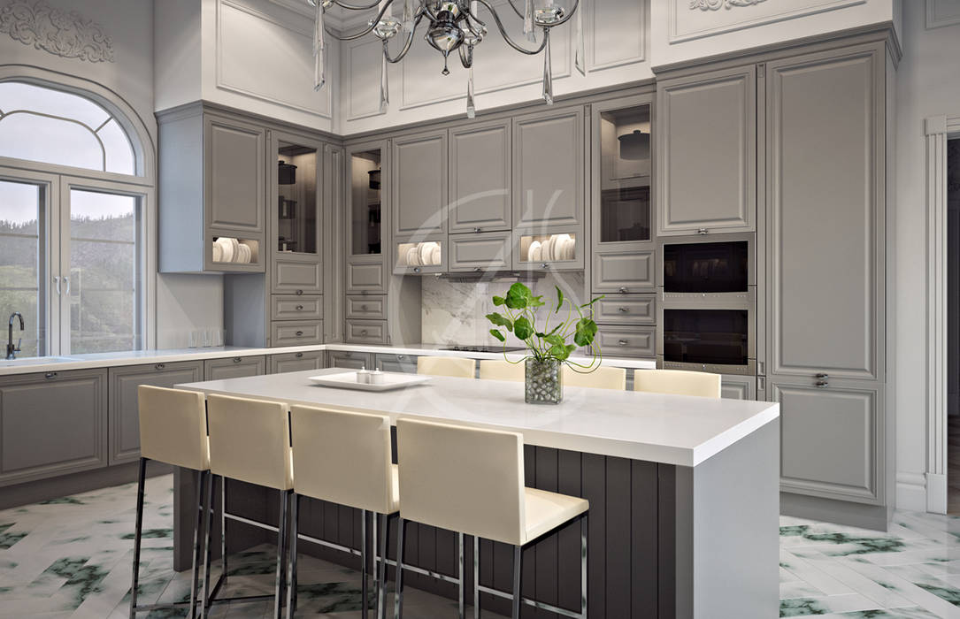 homify Kitchen units neoclassical,palace,mansion,kitchen,gray kitchen,traditional,modern,eclectic,kitchen island,luxurious