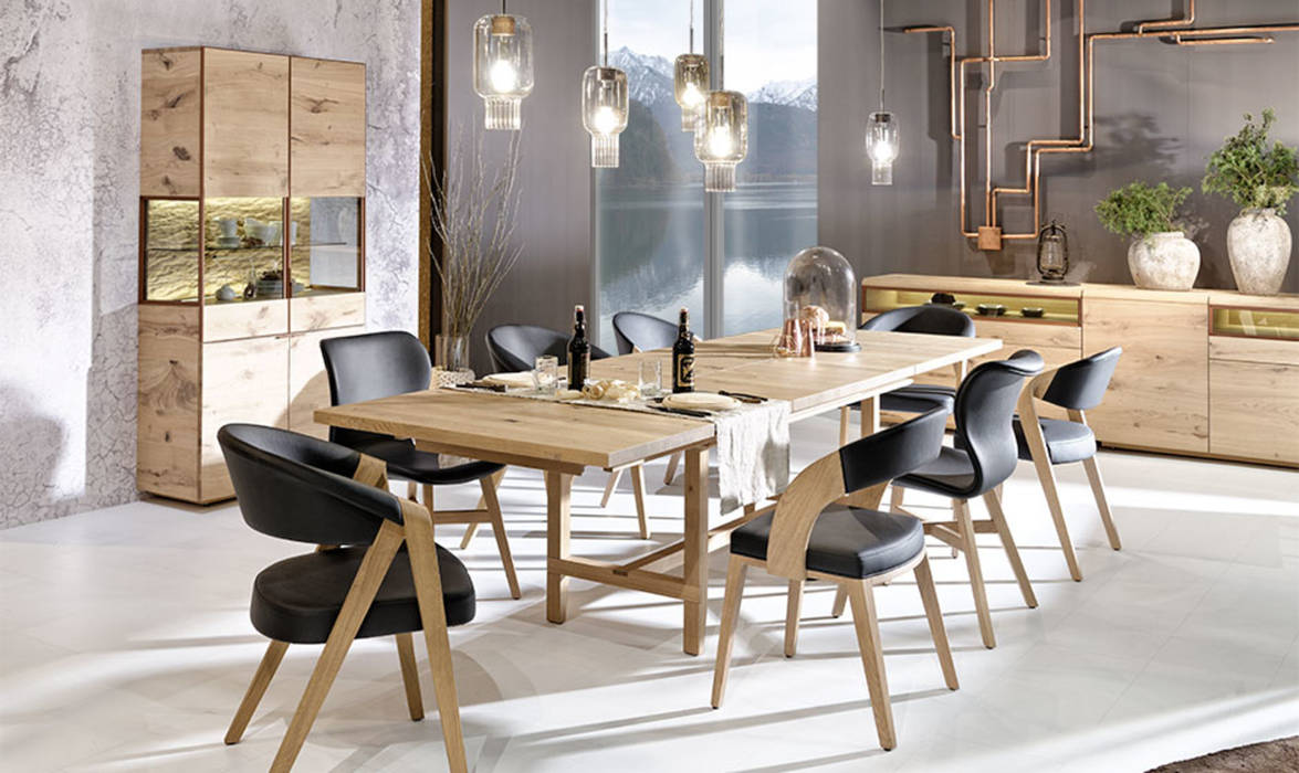 Juego de comedor con mesa extensible en madera maciza de roble Imagine Outlet Comedores de estilo moderno Madera Acabado en madera Sillas y bancos