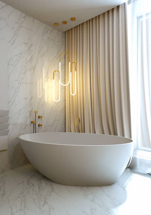 Apartment 7, Noida, Design Concept creative studio Design Concept creative studio Modern Bathroom Building,Plumbing fixture,Product,Wood,Bathtub,Curtain,Interior design,Flooring,House,Shade