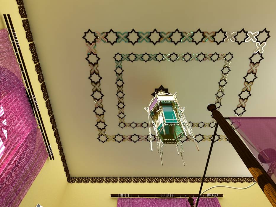 Спальня в восточном стиле Студия дизайна интерьера 'ЭЛЬ ХОСЕ' Спальня в азиатском стиле потолок в орнаментом,восточный потолок,восточный орнамент,восточная люстра,восточная спльня