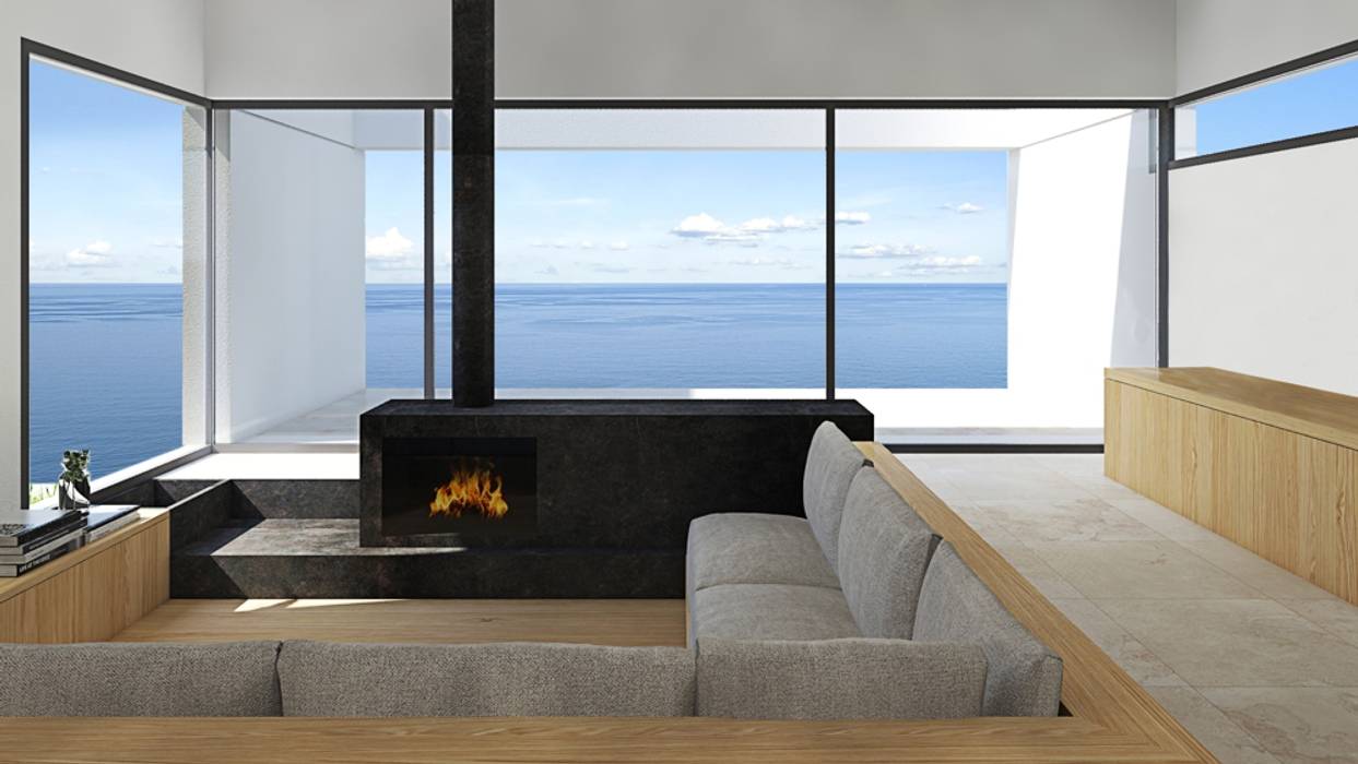Glass window overlooking the sea ALESSIO LO BELLO ARCHITETTO a Palermo Salas modernas couch,window,view of the sea,relax,bookcase,bespoke furniture,wood
