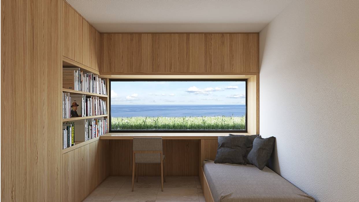 Room with a view with a window overlooking the sea ALESSIO LO BELLO ARCHITETTO a Palermo Modern Yatak Odası bedroom,window,view of the sea,relax,bookcase,bespoke furniture,wood