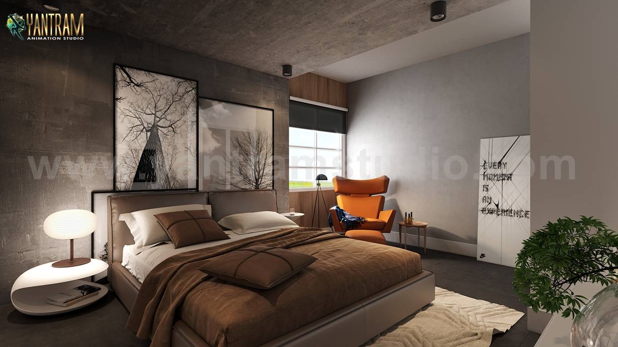 Modern Master Bedroom Design Concept with Residential Interior Design Studio by Yantram Architectural and Design Services, Paris – France Yantram Animation Studio Corporation Kamar tidur kecil Batu Bata bedroom,architectural,animation,design,studio,rendering,container house,painting,texture,table,carpet,room