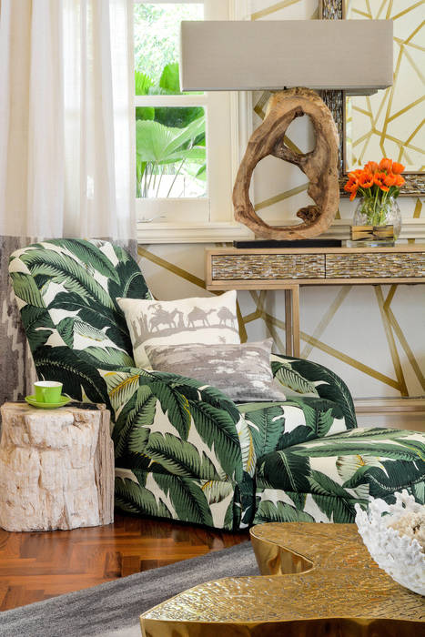 Bespoke Tropical Lounge Chair by Design Intervention Design Intervention Tropical style living room design intervention,tropical print,bespoke furniture,bespoke chair,armchair,lounge chair,tropicl home,wallpaper,wallpaper design,chair design,bespoke console,Sofas & armchairs