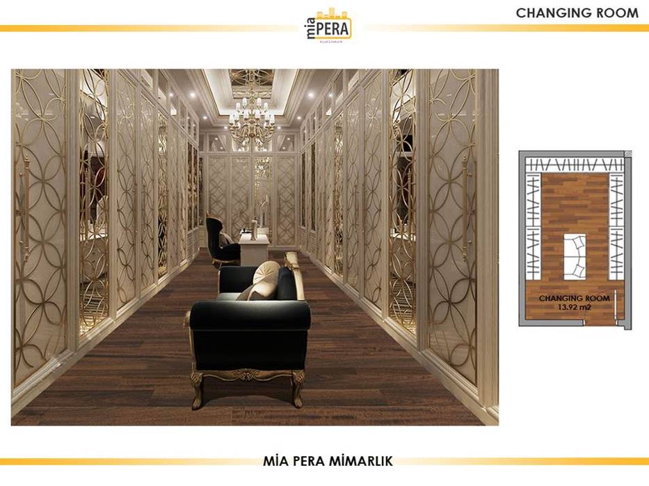 VİLLA TASARIM UYGULAMA SUDİ, Miapera MİMARLIK Miapera MİMARLIK Classic style dressing room Silver/Gold