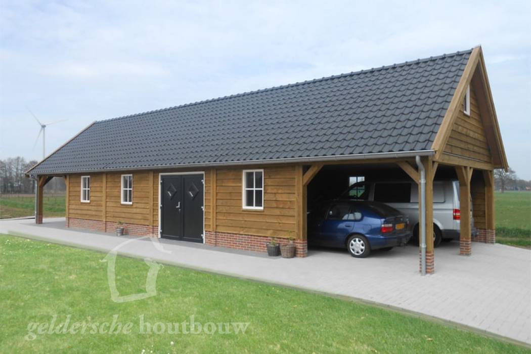 Schuren met overkapping, Geldersche Houtbouw Geldersche Houtbouw Country style garage/shed Wood Wood effect