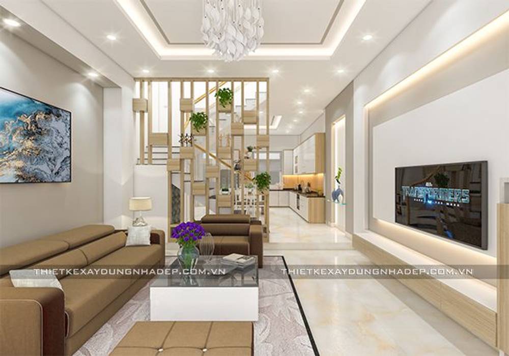 Mẫu nhà đẹp 3 tầng 5x12m đơn giản mà đẹp phù hợp với mọi gia đình, Công ty cổ phần tư vấn kiến trúc xây dựng Nam Long Công ty cổ phần tư vấn kiến trúc xây dựng Nam Long Modern living room