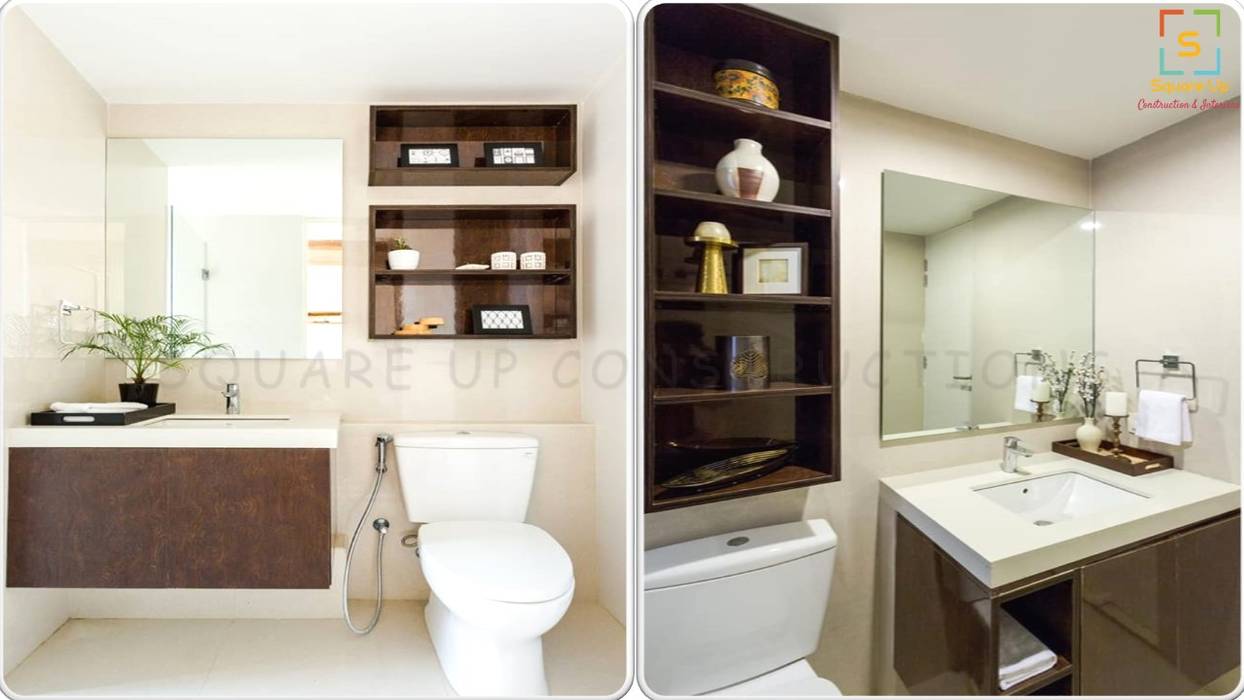 Residential Interiors , Square Up Construction & Interiors Square Up Construction & Interiors Modern bathroom Brown,Mirror,Property,Sink,Plumbing fixture,White,Bathroom cabinet,Cabinetry,Shelf,Tap