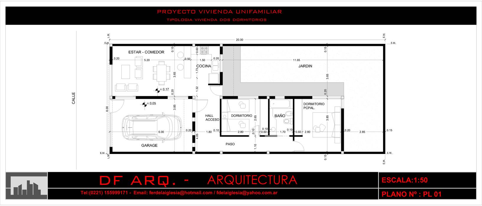 Tipologia vivienda unifamiliar de dos dormitorios., DF ARQ DF ARQ Casas familiares Concreto reforçado