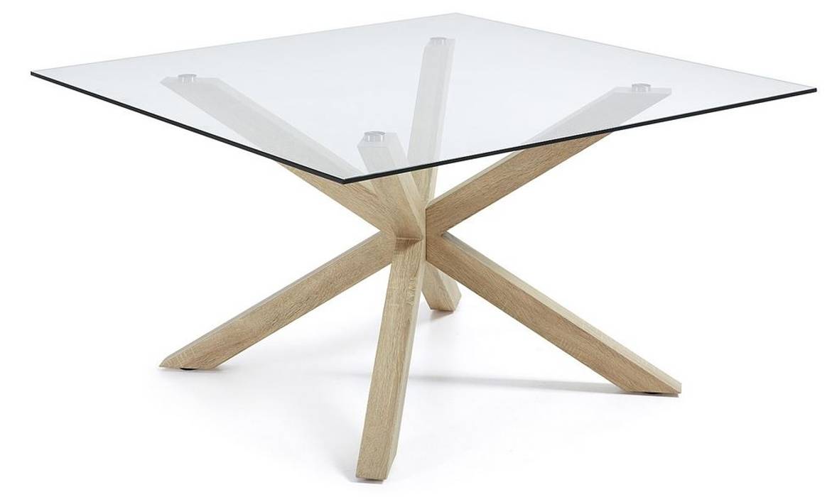 Mesa de refeições quadrada com pés de madeira e tampo de vidro Square dining table with wooden feet and glass top LAYRA https://www.intense-mobiliario.com/pt/mesas-de-refeicoes/19086-mesa-layra-quadrada-pes-folheados-tampo-vidro-.html, Intense mobiliário e interiores Intense mobiliário e interiores Ruang Makan Modern Tables