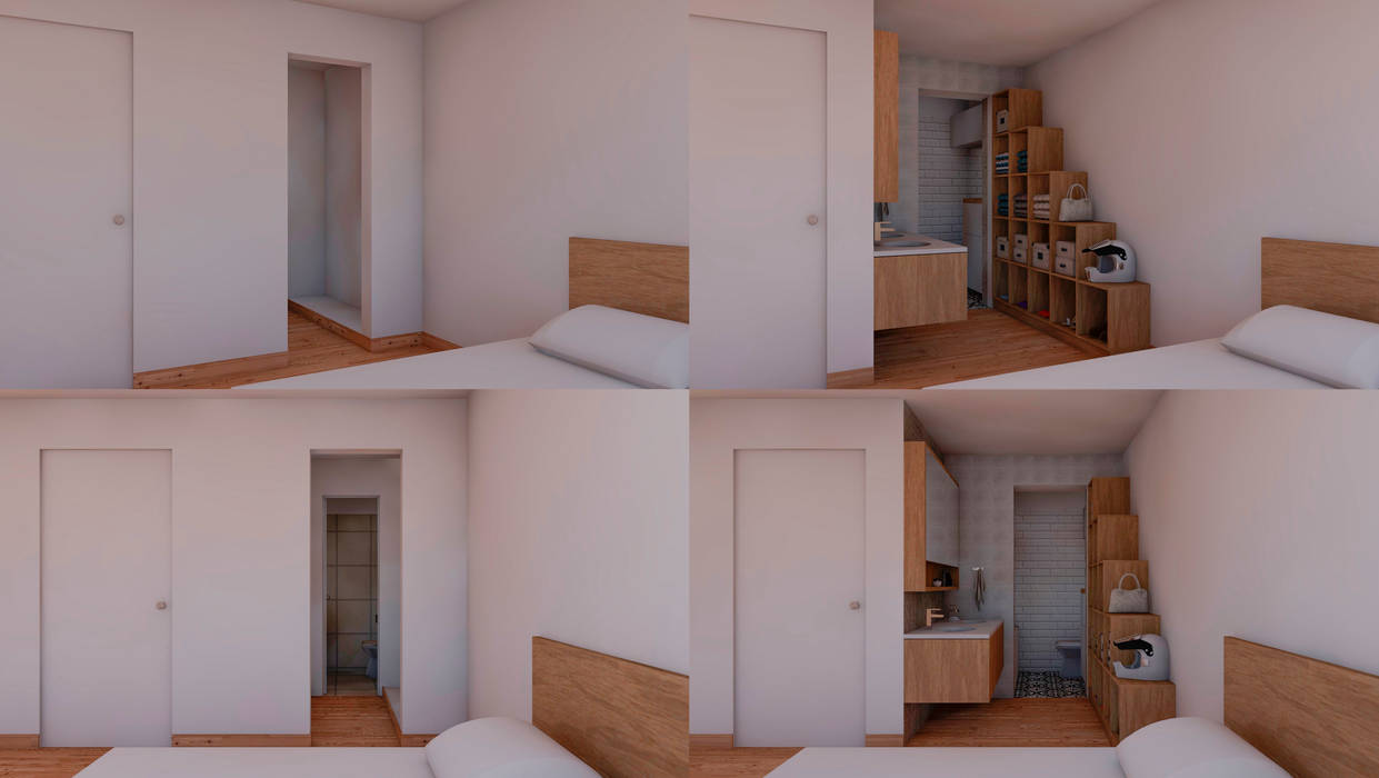 Vistas 3d del Antes y después del proyecto de remodelación a realizar MESIA ARQUITECTOS Baños modernos baño,remodelacion,enchapes,texturas,mosaicos,moderno,madera