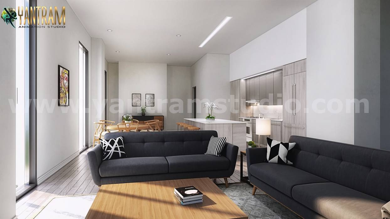 Open Concept Kitchen Living Room 3d Interior Rendering Ideas Developed By Architectural Design Studio Doha Qatar Yantram Architectural Design Studio Modern Living Room Bricks Brown Homify
