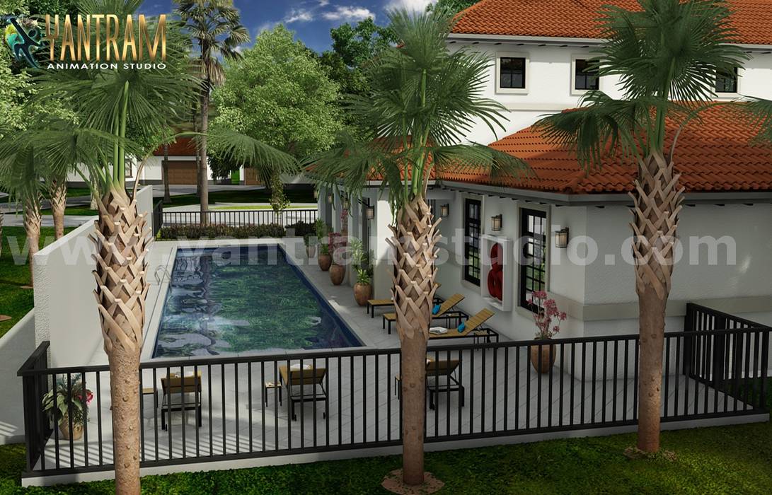 Modern Residential Exterior House with Pool Side view by Architectural Studio, Los Angeles - USA Yantram Animation Studio Corporation Swimming pond ٹائلیں exterior,rendering,house,home,poolside,views,ideas,concept,development,architectural,animation