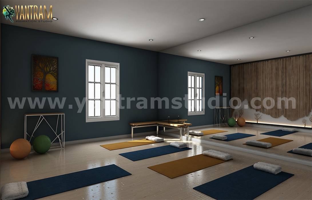 Amazing Yoga- Meditation Room of 3d Interior Designers by Architectural Studio Yantram Animation Studio Corporation Modern living room Bricks yoga,room,class,hub,center,interior,rendering,ideas,concept,exercise,classroom,design