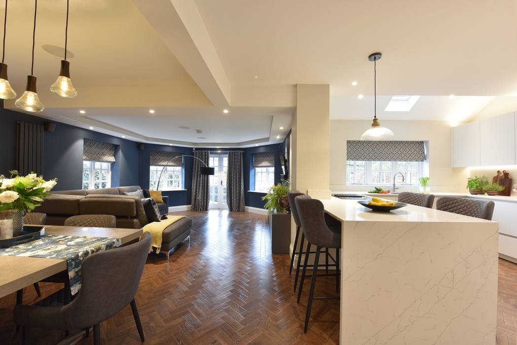 Mr & Mrs Tennant Diane Berry Kitchens Living room Quartz karndean,breakfast bar,sofa,wood floor,herringbone,bay window,manchester,diane berry