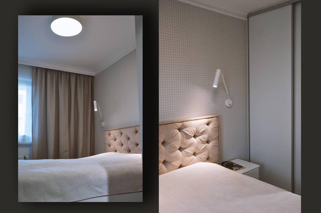 Sypialnia stylizowana na styl angielski, z tapicerowanym wezgłowiem łóżka: dzięki temu jest nowoczesna, jasna i przytulna. SZARA / studio Małe sypialnie łóżko,sypialnia,styl angielski