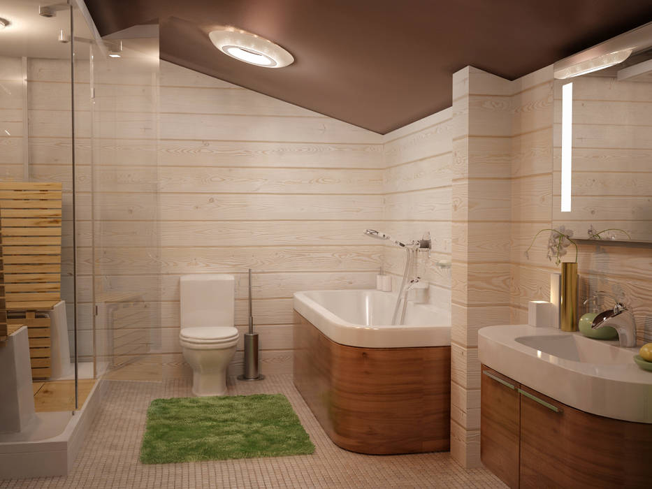 Ванная комната Irina Yakushina Ванная комната в рустикальном стиле Дерево Эффект древесины коттедж из бруса,бревенчатый коттедж