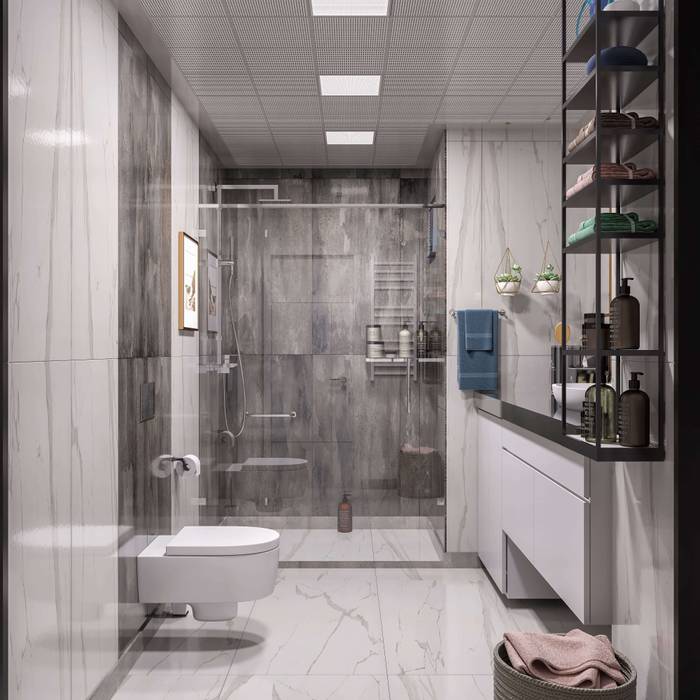 Banyo tasarımı ANTE MİMARLIK Modern Banyo teknesiz kabin,kahverengi seramik,damarlı seramik,banyo refı