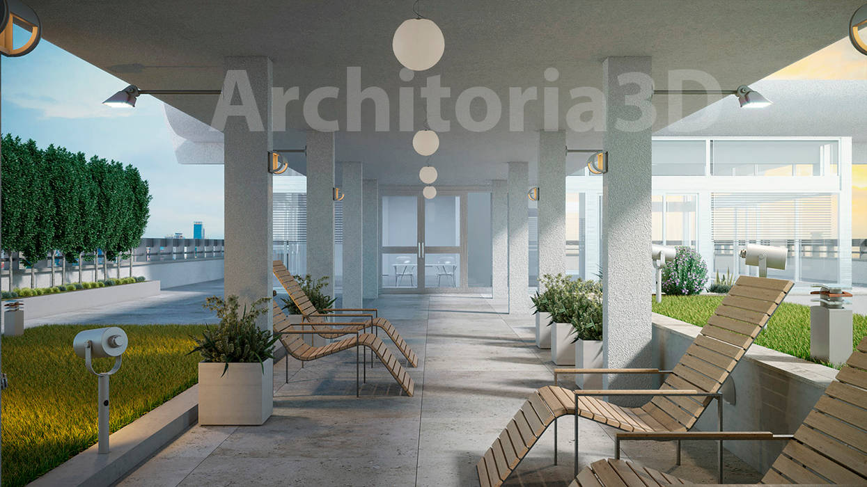 Эскизы ландшафтного парка на крыше здания, Architoria 3D Architoria 3D Commercial spaces Event venues