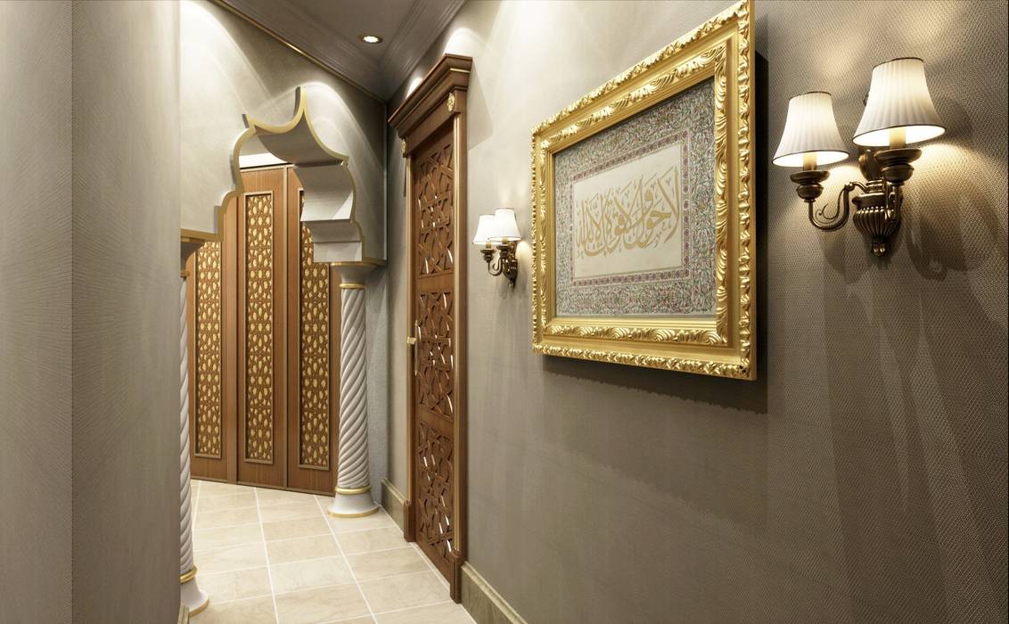 Corridor / Ramadan Majlis Sia Moore Archıtecture Interıor Desıgn Mediterranean corridor, hallway & stairs Wood Wood effect corridor,column,gold