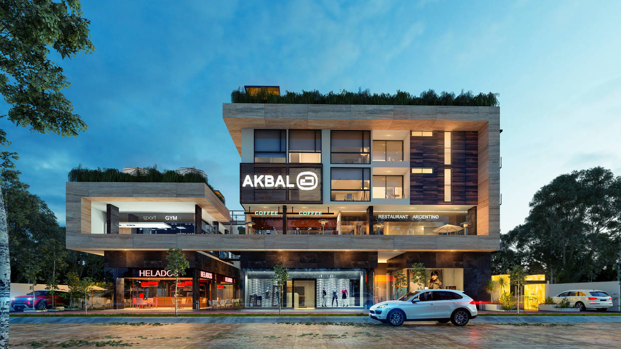 Proyecto comercial/departamentos AKBAL , ARQUITECTURA AC+1 ARQUITECTURA AC+1 Commercial spaces Stone Commercial Spaces