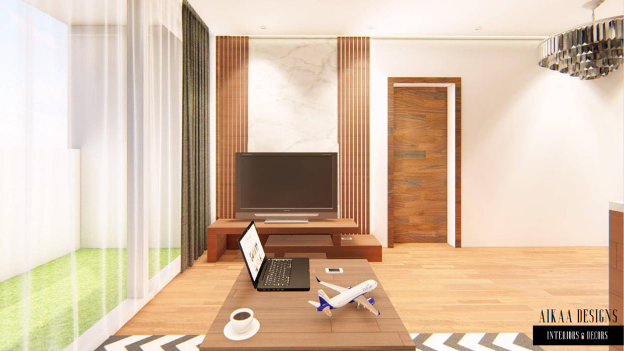 Luxurious 3 BHK Interiors at Chennai, Aikaa Designs Aikaa Designs Modern living room پلائیووڈ