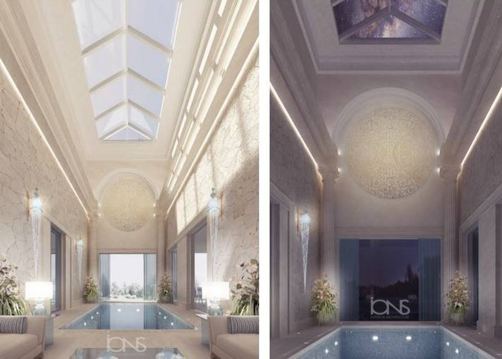 Refreshing Roman Style Indoor Pool – Design Ideas from IONS Design, IONS DESIGN IONS DESIGN Balcones y terrazas de estilo mediterráneo Caliza