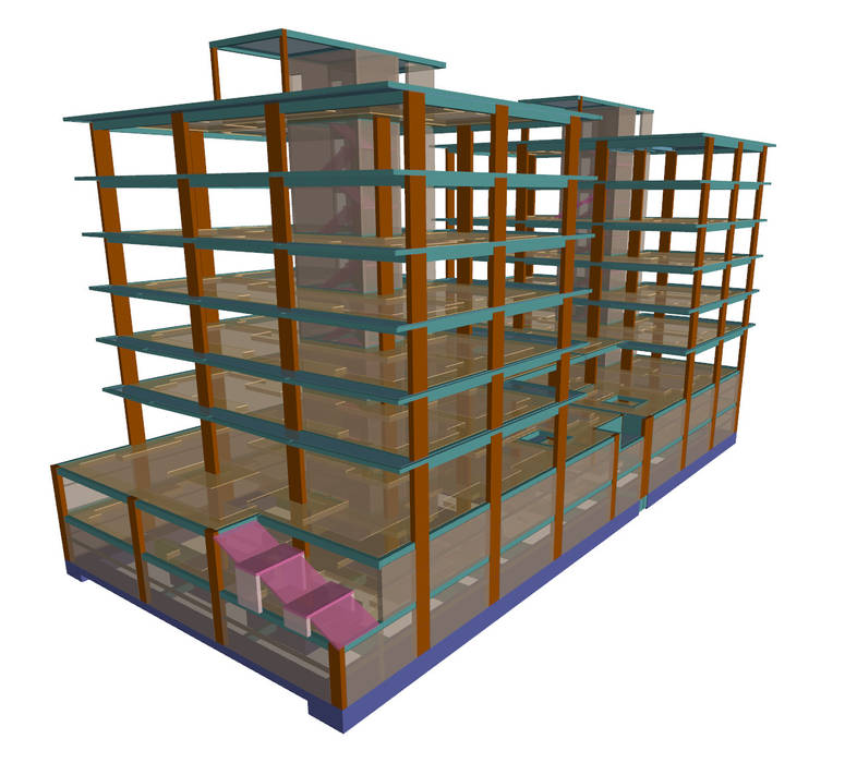 Imagem 3D da estrutura da edificação Screenproject Consulting Engineers Lda Habitações multifamiliares Projeto estrutura,Projeto estabilidade,Casa contentor,BIM,CYPE,construção,Projeto engenharia