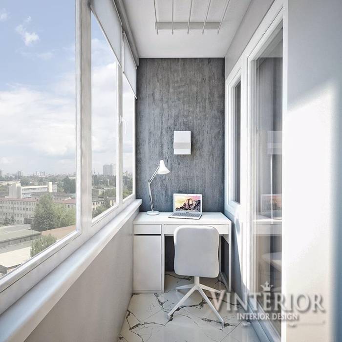 Small and cozy white and grey flat for young woman, Vinterior - дизайн интерьера Vinterior - дизайн интерьера Balcone balcony