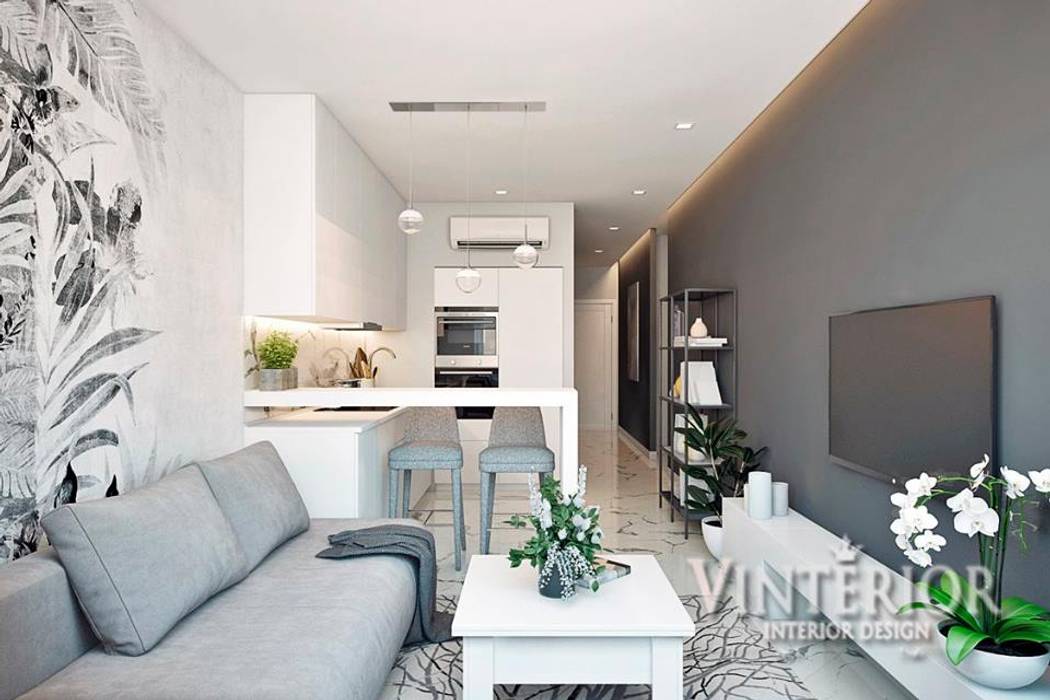 Small and cozy white and grey flat for young woman, Vinterior - дизайн интерьера Vinterior - дизайн интерьера Cocinas de estilo moderno kitchen studio